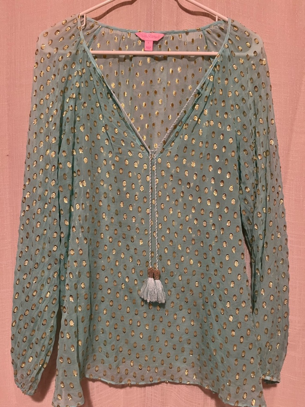 Lilly Pulitzer Silk Metallic Polka Dot Tassel Top Sheer Boho Blouse L